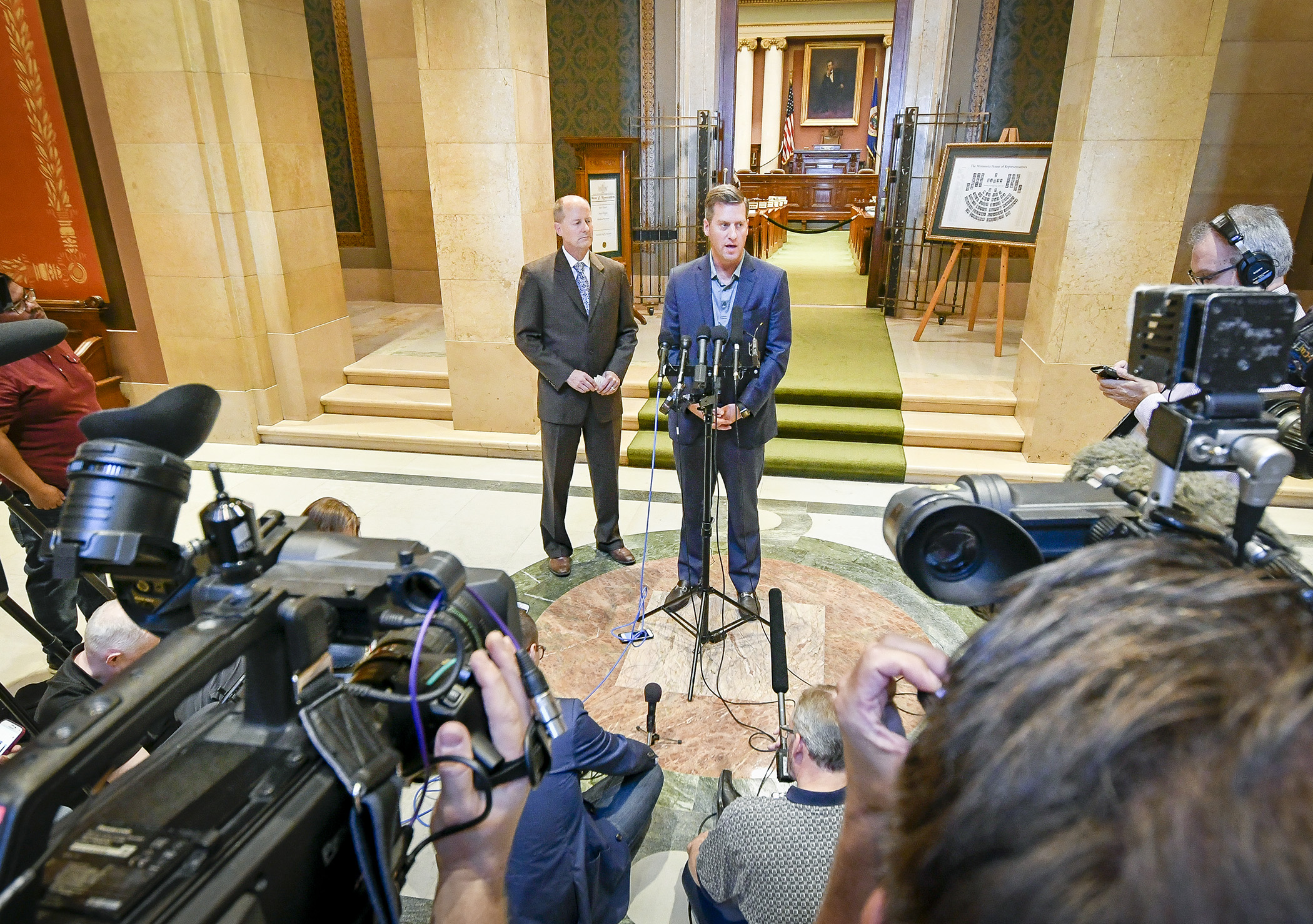 House Speaker Kurt Daudt and Senate Majority Leader Paul Gazelka hold a news conference in front of the House Chamber Sept. 22 to address an impasse in mediation proceedings with Gov. Mark Dayton. Photo by Andrew VonBank